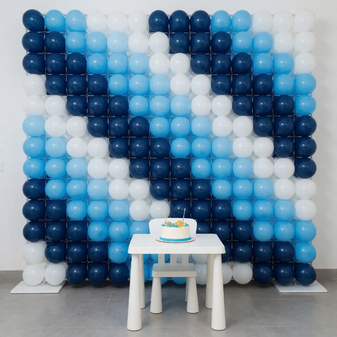 Parisukat na balloon wall na navy, sky blue at puti na pa-diagonal sa likod ng maliit na mesa na may cake at upuan