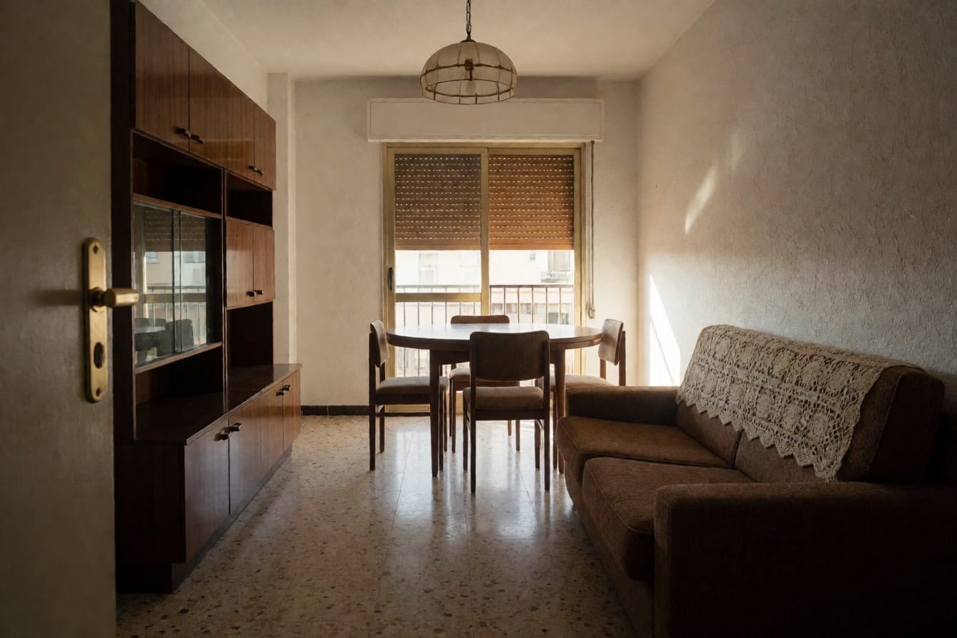 Salón comedor de un piso de ciudad de los setenta con suelo de terrazo, mueble de pared de madera oscura, paredes de gotelé y persiana de madera a medio bajar