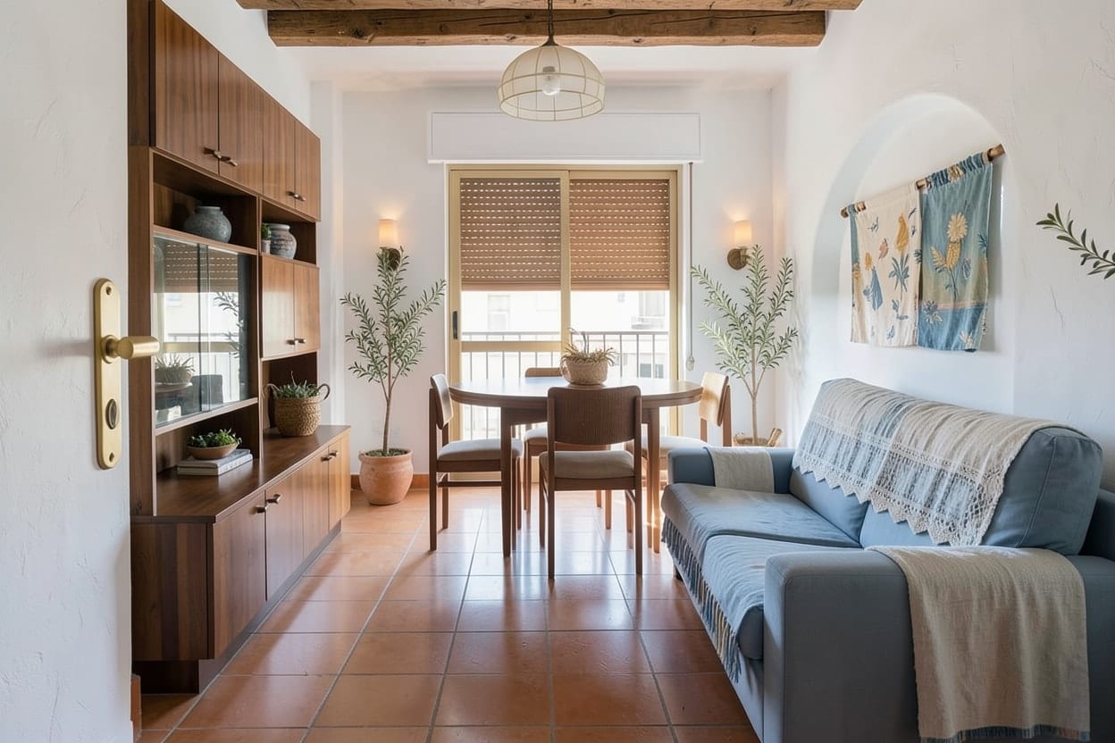 Salón comedor de un piso de los setenta renovado en estilo mediterráneo, con suelo de terrazo, tonos arena y luz entrando por el balcón