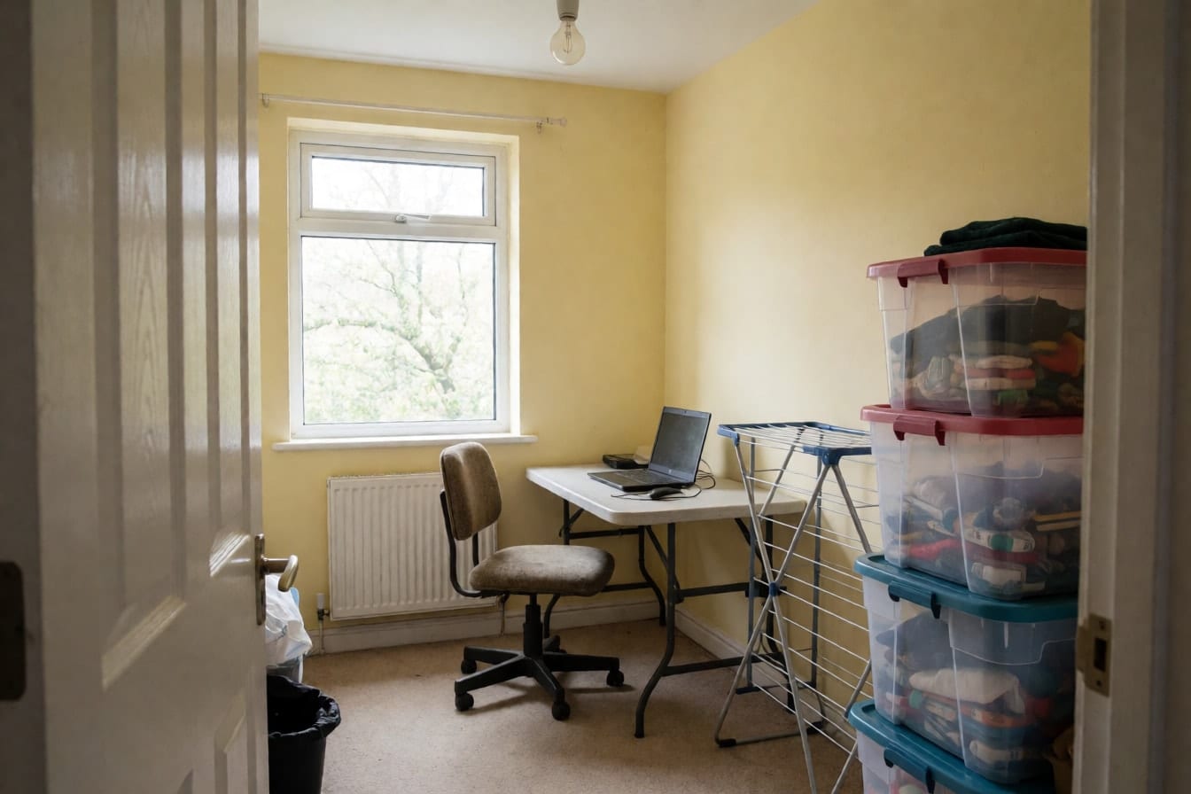 A cluttered spare room with a folding table, an old office chair, a drying rack and storage boxes
