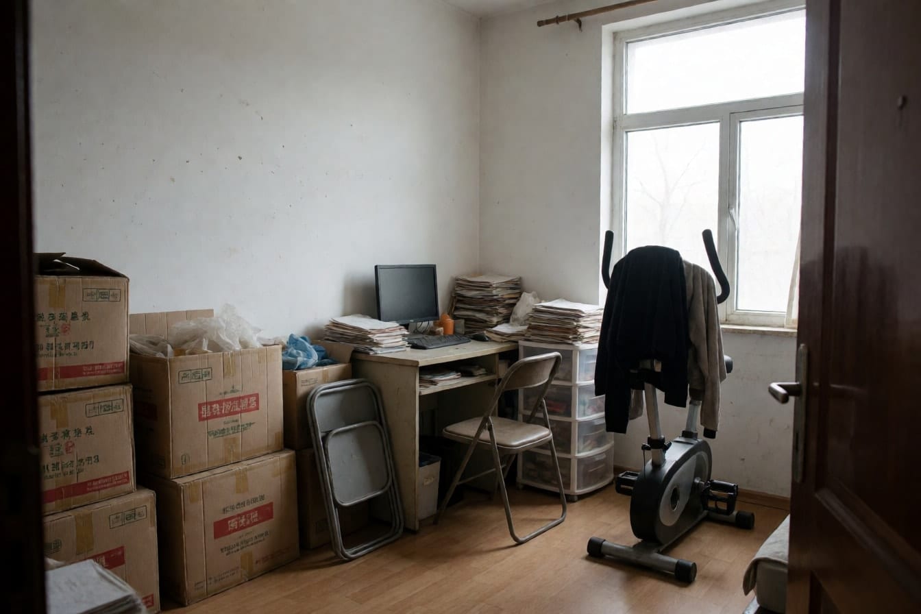 Kamar sisa dengan kardus bertumpuk, meja tua dengan monitor dan tumpukan kertas, serta sepeda statis berisi gantungan baju