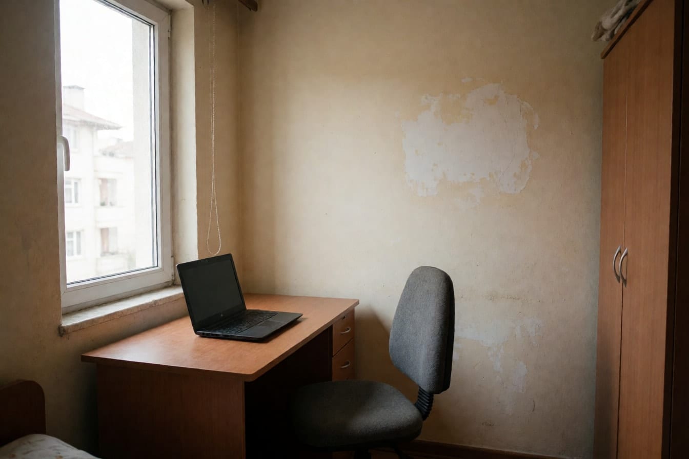 Pencere önünde küçük ahşap masa, gri ofis sandalyesi ve köşede gardırop bulunan bej duvarlı sade bir oda