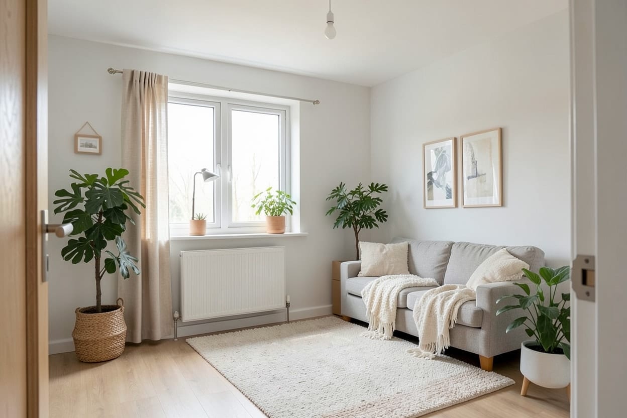 La misma habitación amueblada en estilo escandinavo, con sofá claro, alfombra, estanterías y lámparas