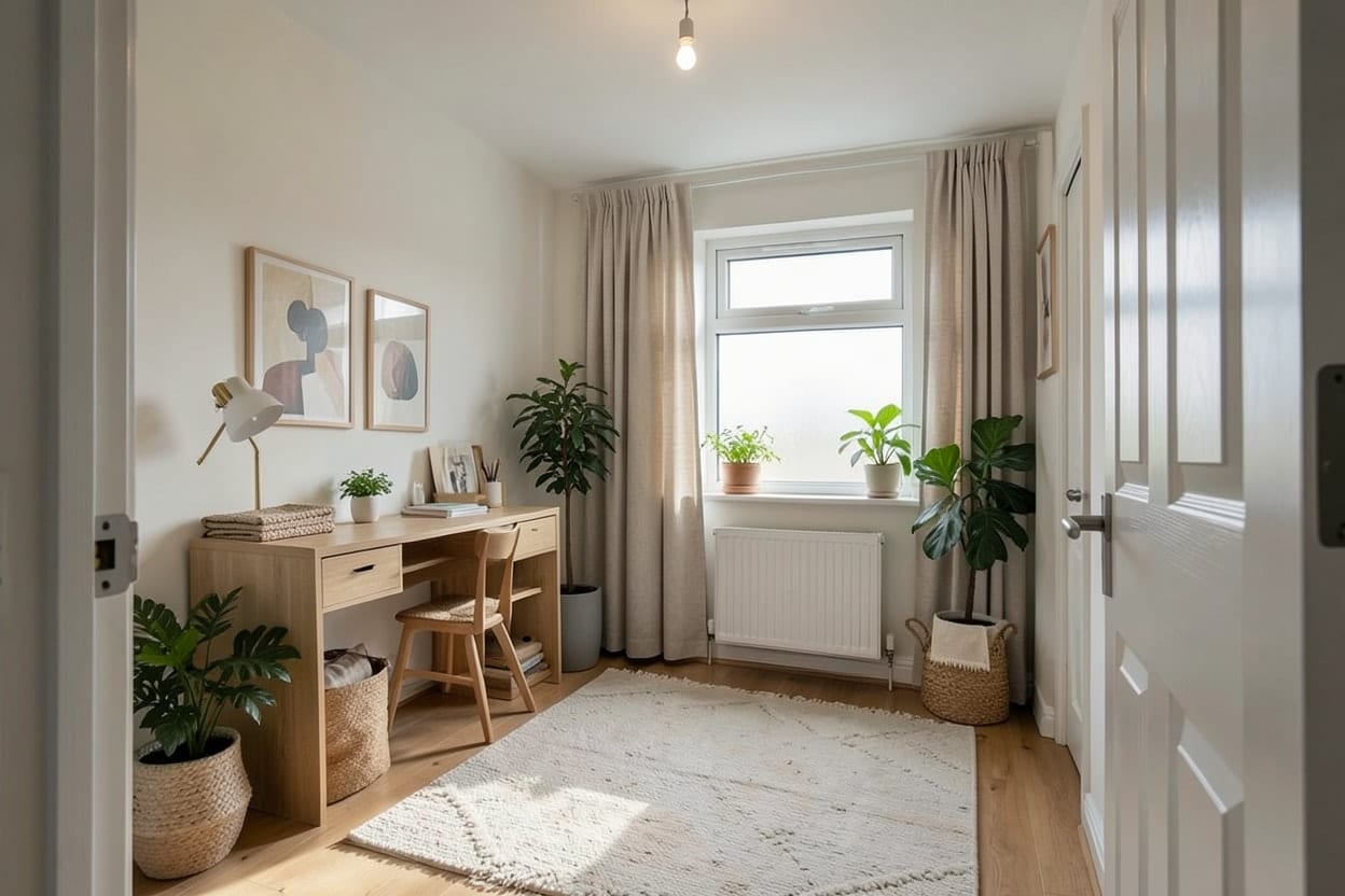 Det samme rommet innredet som skandinavisk hjemmekontor med skrivebord, kontorstol, hyller, teppe og lamper