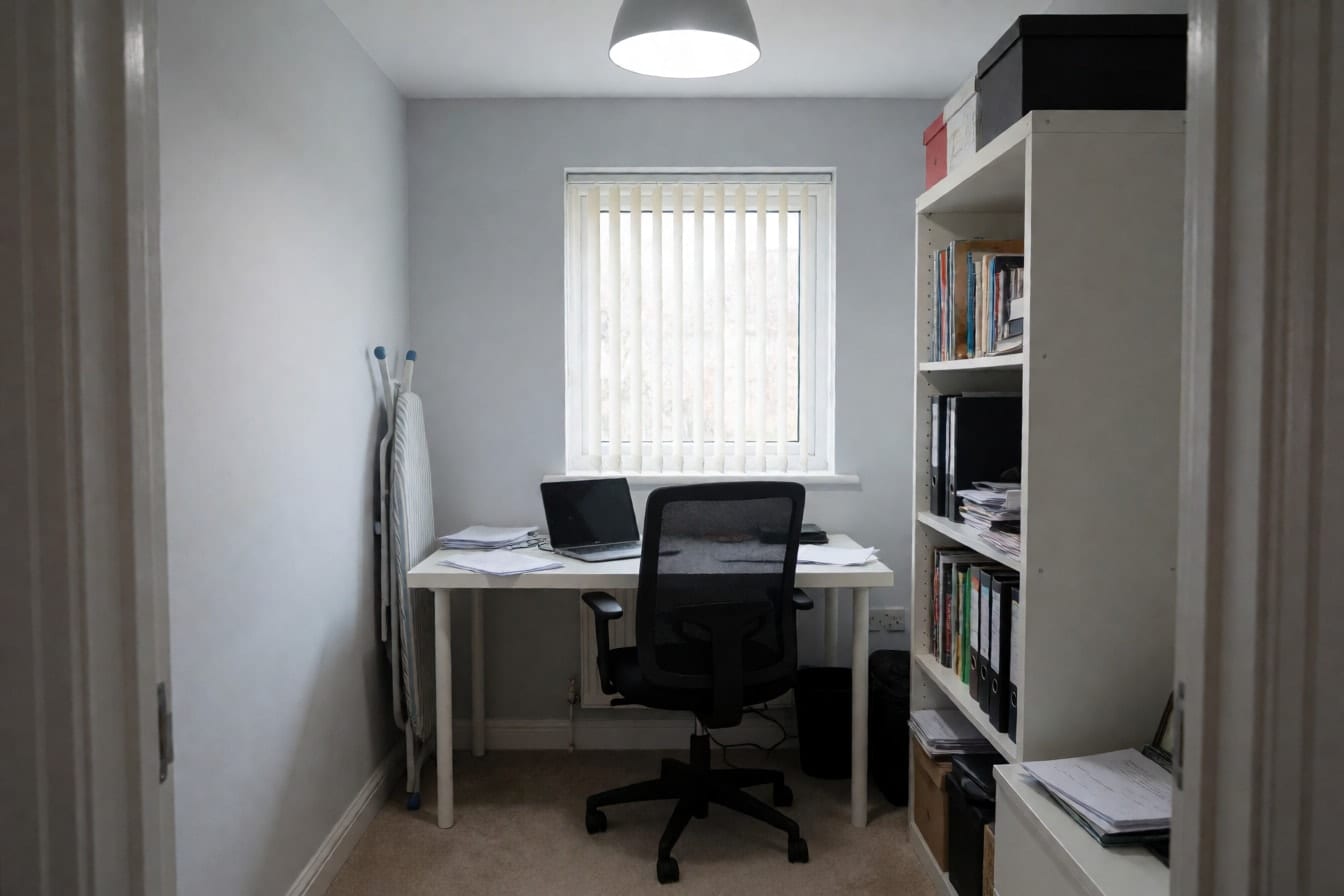 A spare bedroom used as a home office, with a white desk, a mesh chair and a bookcase full of files