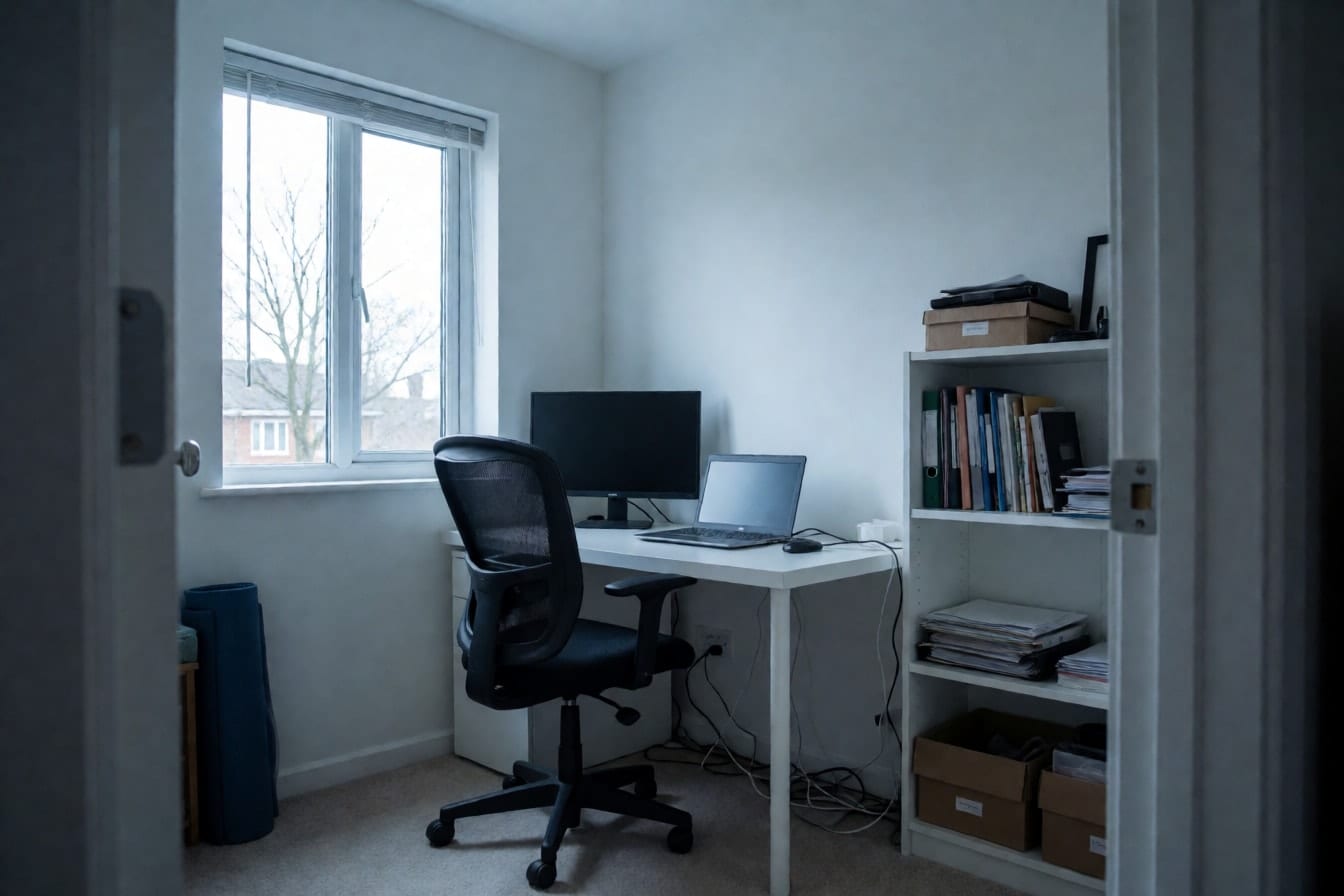 A spare bedroom used as a home office with a white desk, a mesh chair and loose cables