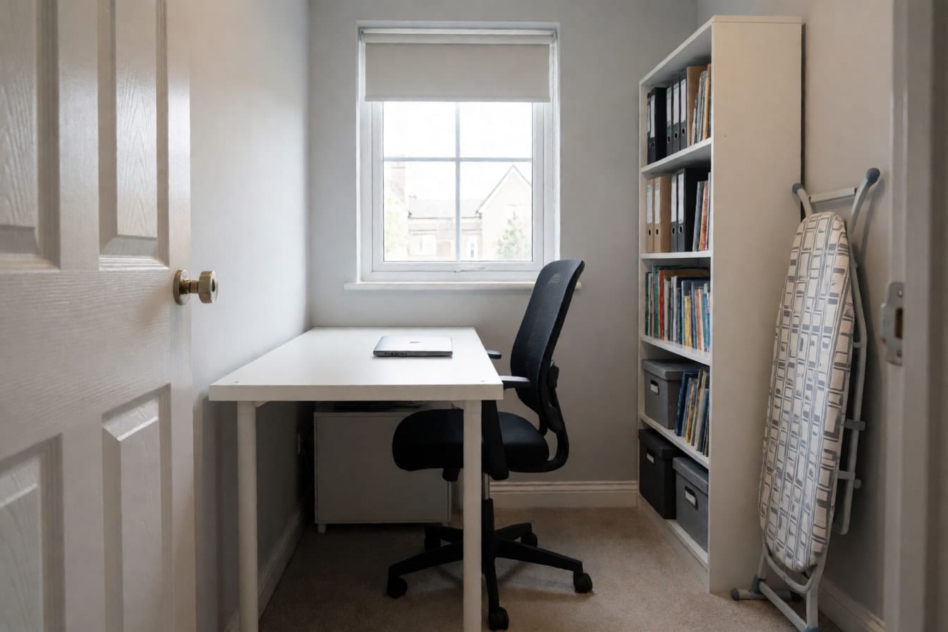 A spare room office with a white flat-pack desk, a mesh chair and a half-empty bookcase