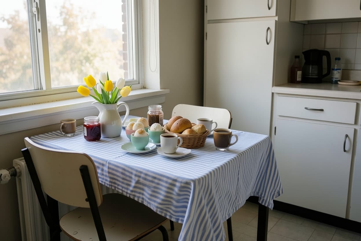 Derselbe Küchentisch zum Frühstück gedeckt mit gestreifter Decke, Tulpen im Krug, Eiern in Pastellbechern und Brötchen