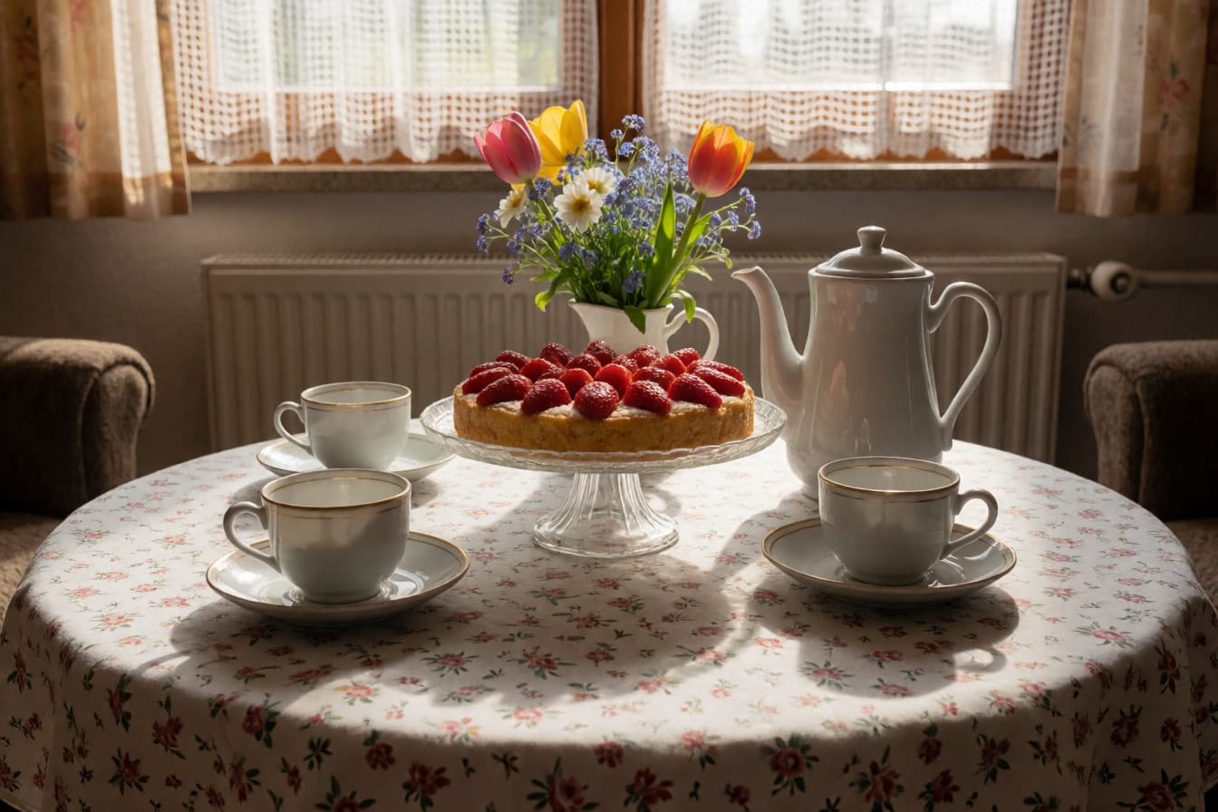 Kaffeetafel mit geblümter Tischdecke, Porzellantassen mit Goldrand, Kaffeekanne, Erdbeerkuchen und Gartenblumen im Krug