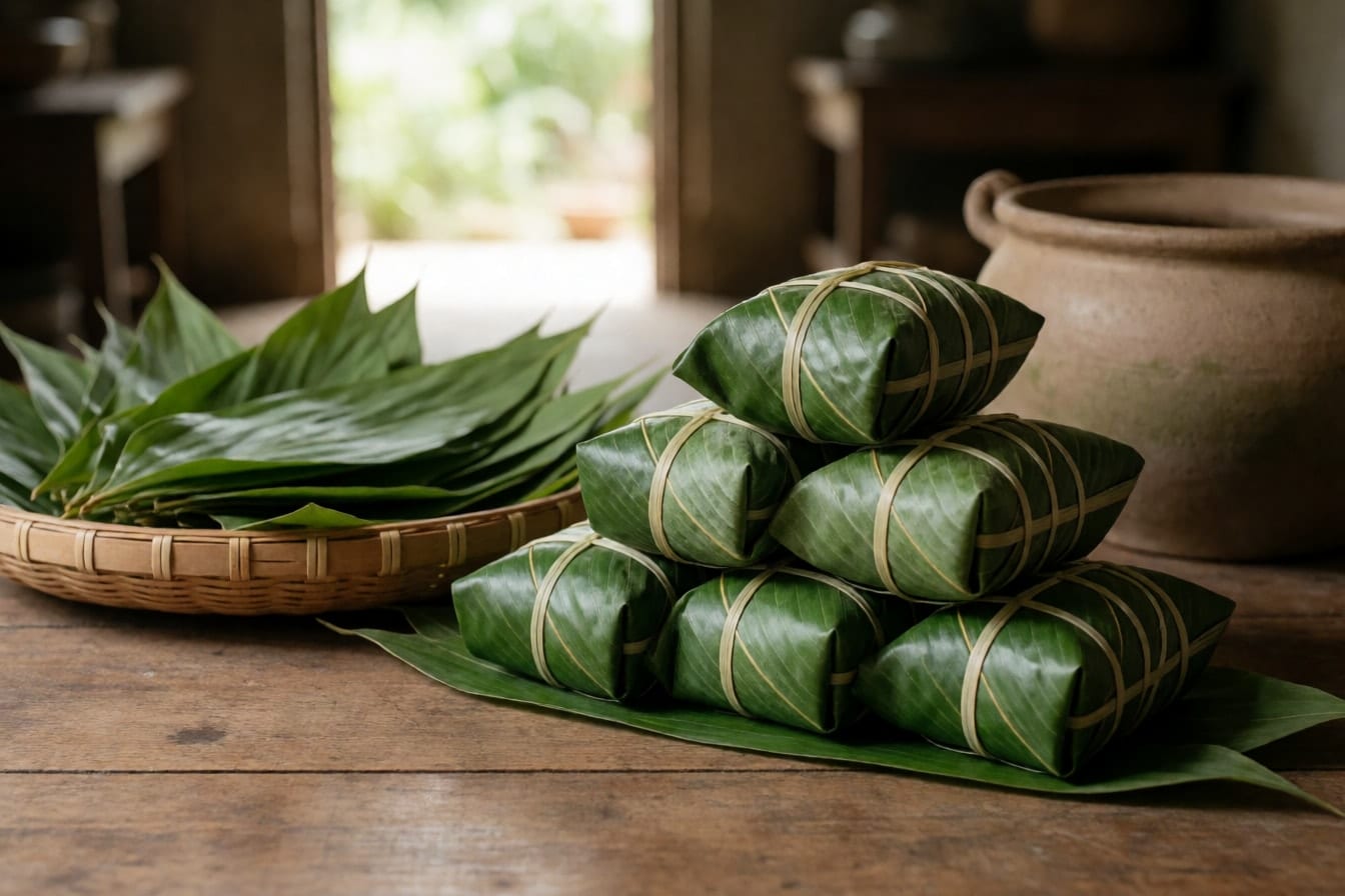 Sáu chiếc bánh chưng vuông gói lá dong buộc lạt giang xếp thành chồng trên bàn gỗ cũ, bên cạnh nia lá dong tươi trong gian bếp quê