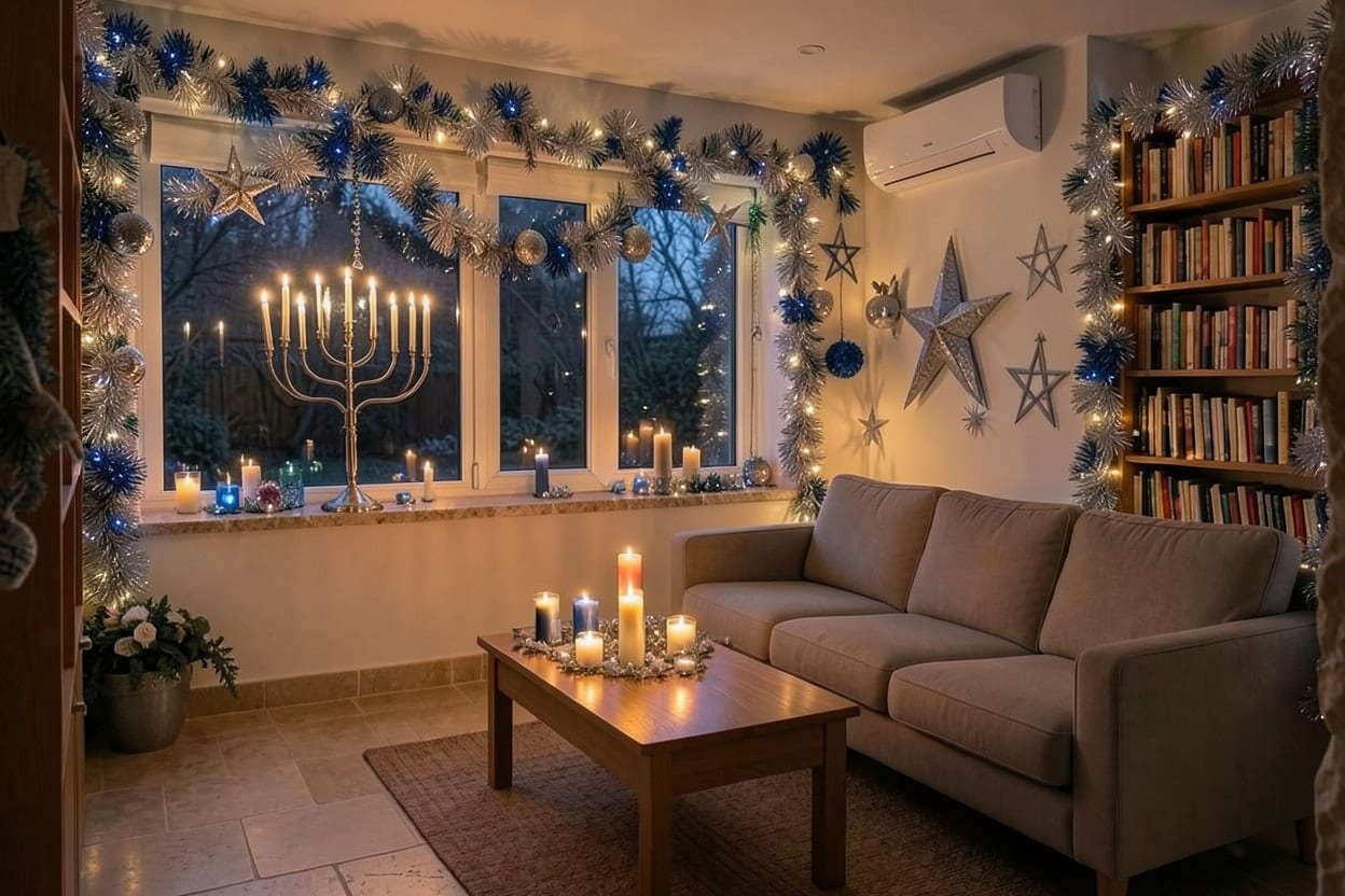 The living room of a family apartment in a Jerusalem stone building, decorated for Hanukkah.