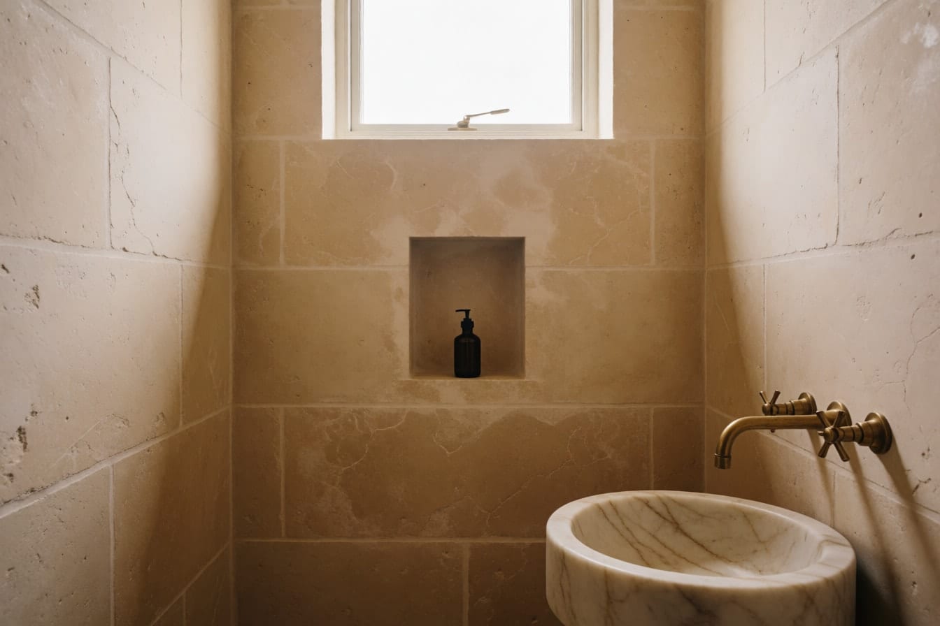 Sıcak tonlu taş duvarlı, mermer lavabolu, pirinç bataryalı ve duvar nişli bir banyo