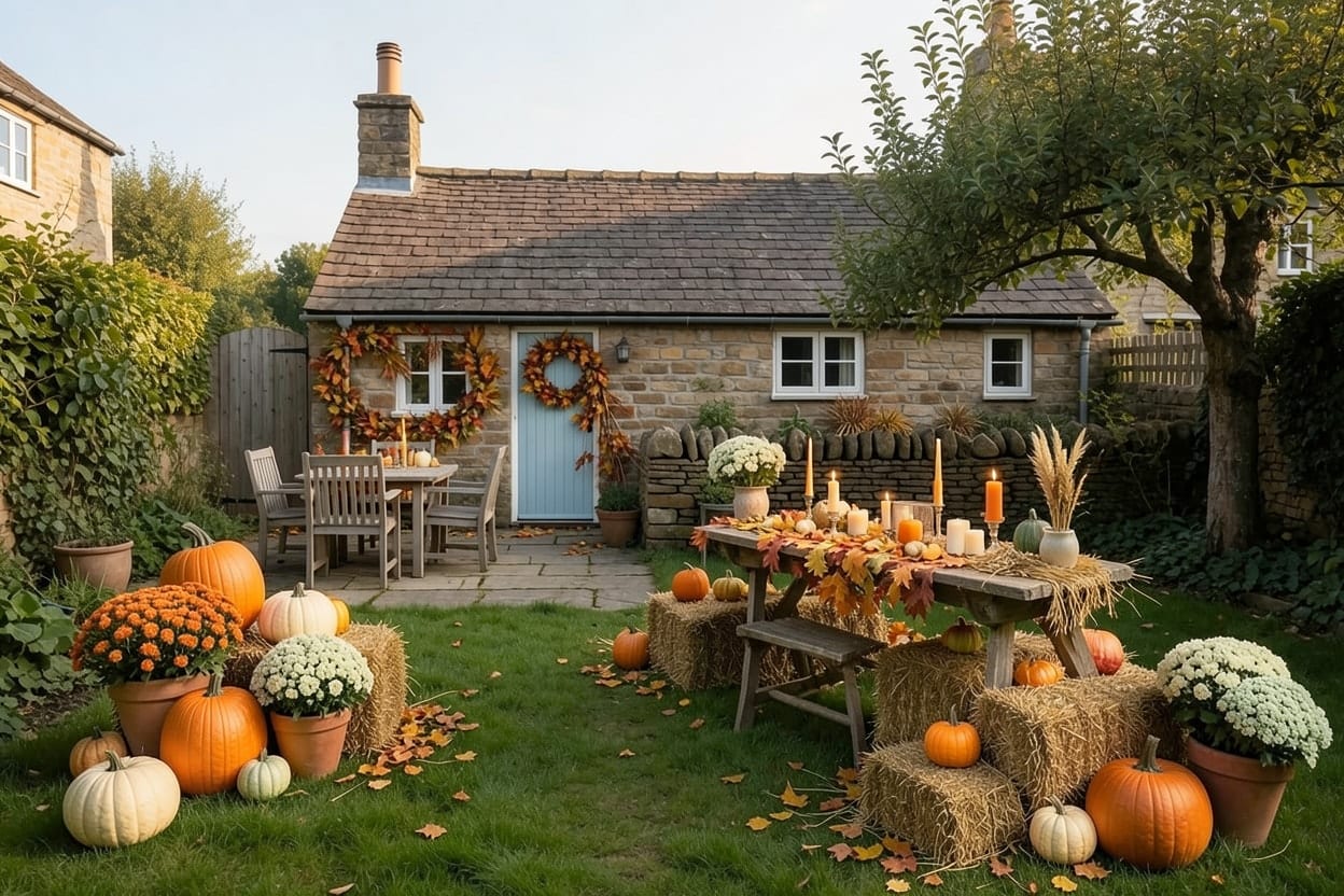 The back garden and terrace of a stone cottage in an English village, decorated for an autumn harvest.
