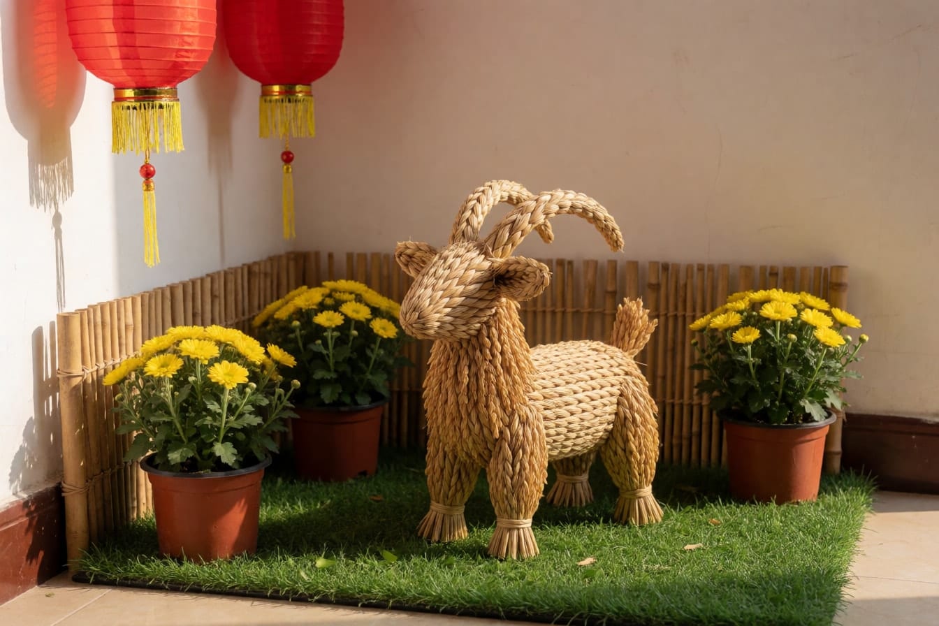 Chú dê đan bằng rơm vàng đứng trên thảm cỏ nhân tạo xanh, xung quanh là chậu cúc vàng nhỏ, hàng rào tre thấp phía sau và hai đèn lồng đỏ phía trên