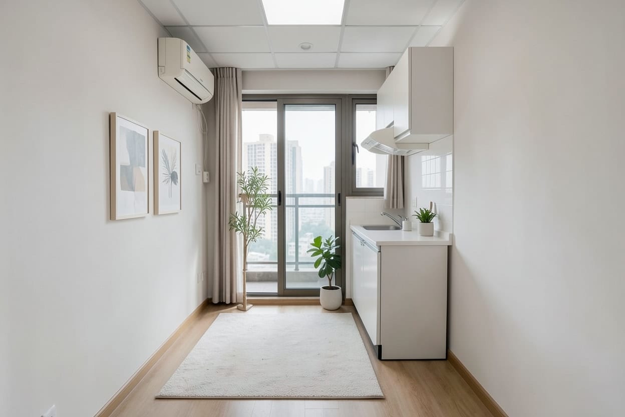 A small empty rented studio with a kitchenette, furnished as a Studio apartment in the Minimalist style.