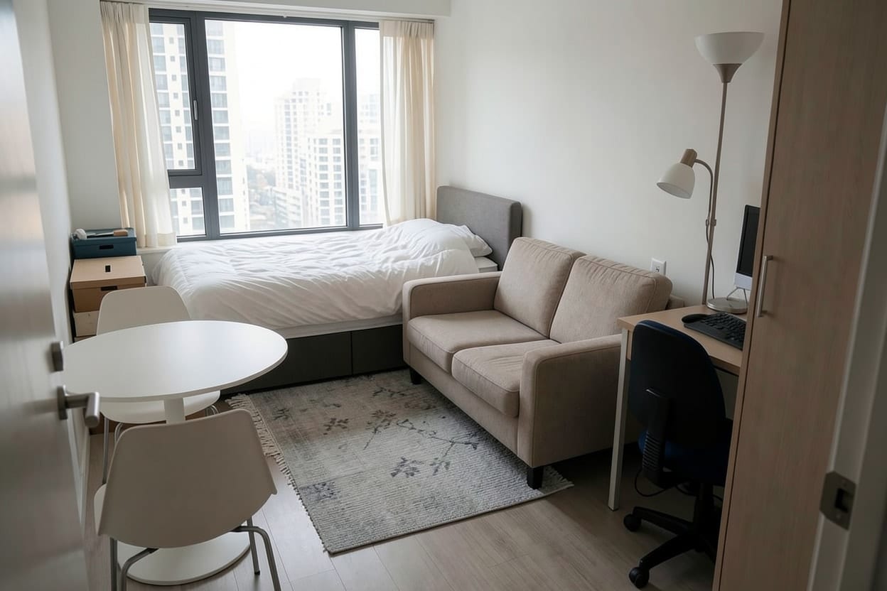 A cramped studio apartment rearranged for Clear zones, with separate spots to sit, eat and work.