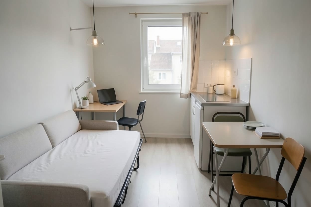 Le même studio en style minimaliste, coin nuit, coin travail et coin repas bien distincts, rangements fermés et tons clairs
