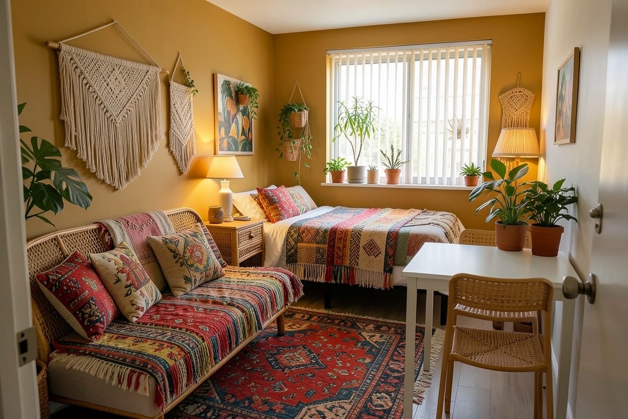 The same studio refreshed in a bohemian style with layered rugs, patterned textiles, plants and wall hangings