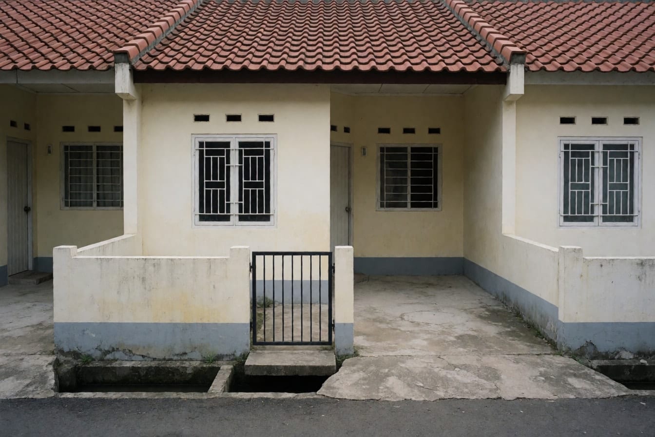 Rumah type 36 satu lantai di perumahan dengan atap genteng merah, dinding krem kusam, jendela berteralis putih, carport semen, dan pagar besi hitam rendah