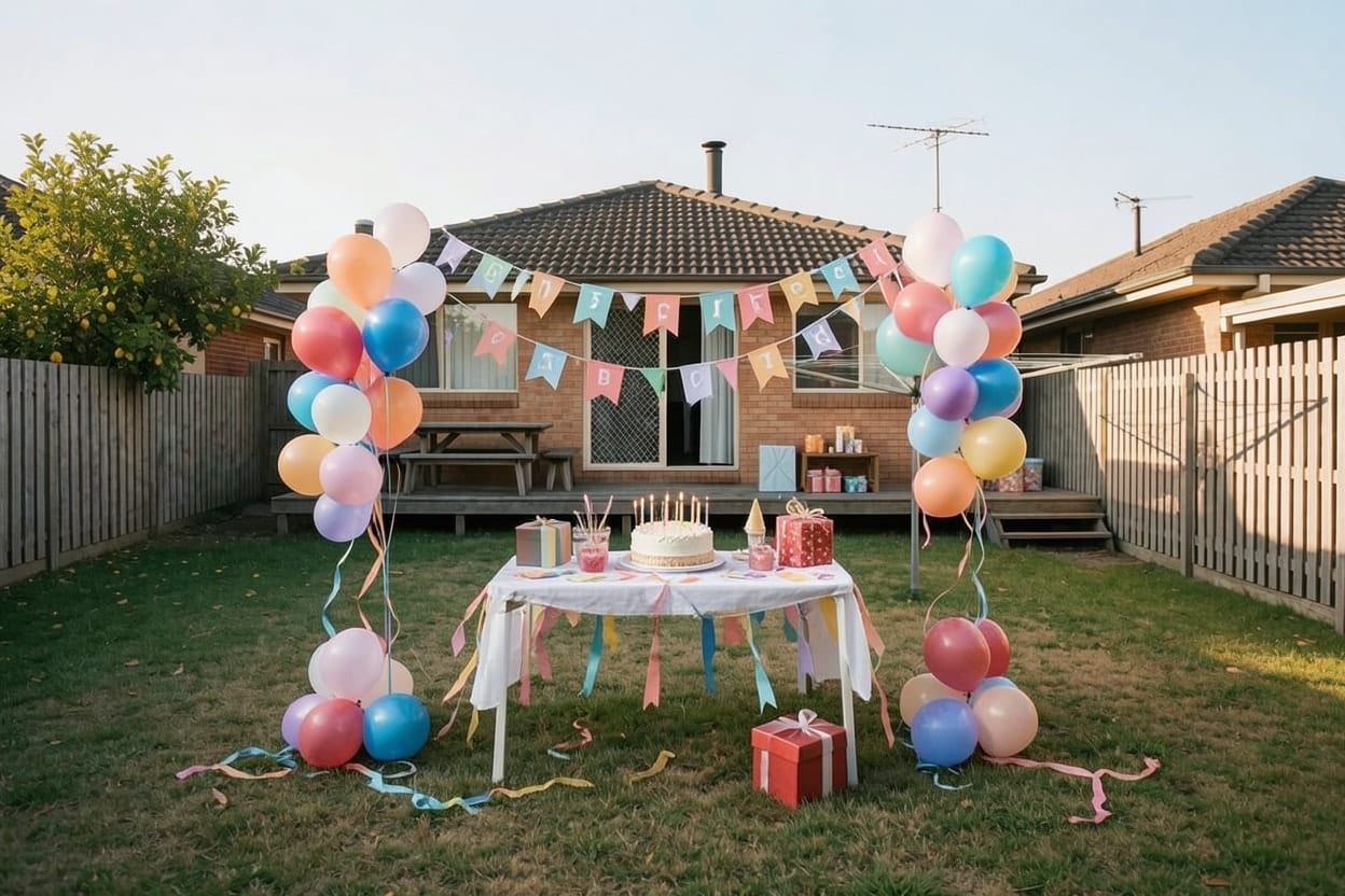 A suburban backyard with a lawn and a timber deck, decorated outdoors for a birthday party.