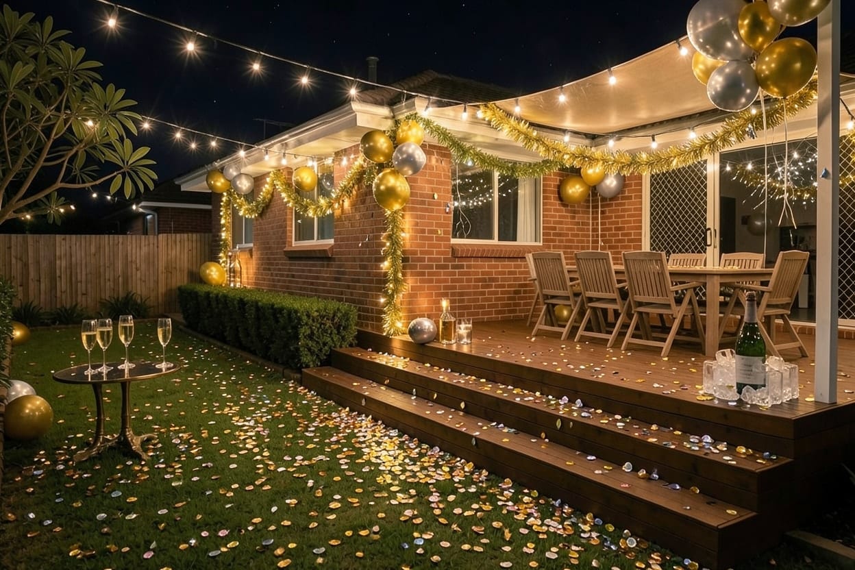 The back deck and garden of a brick family house on a summer evening, decorated outdoors for New Year's Eve.
