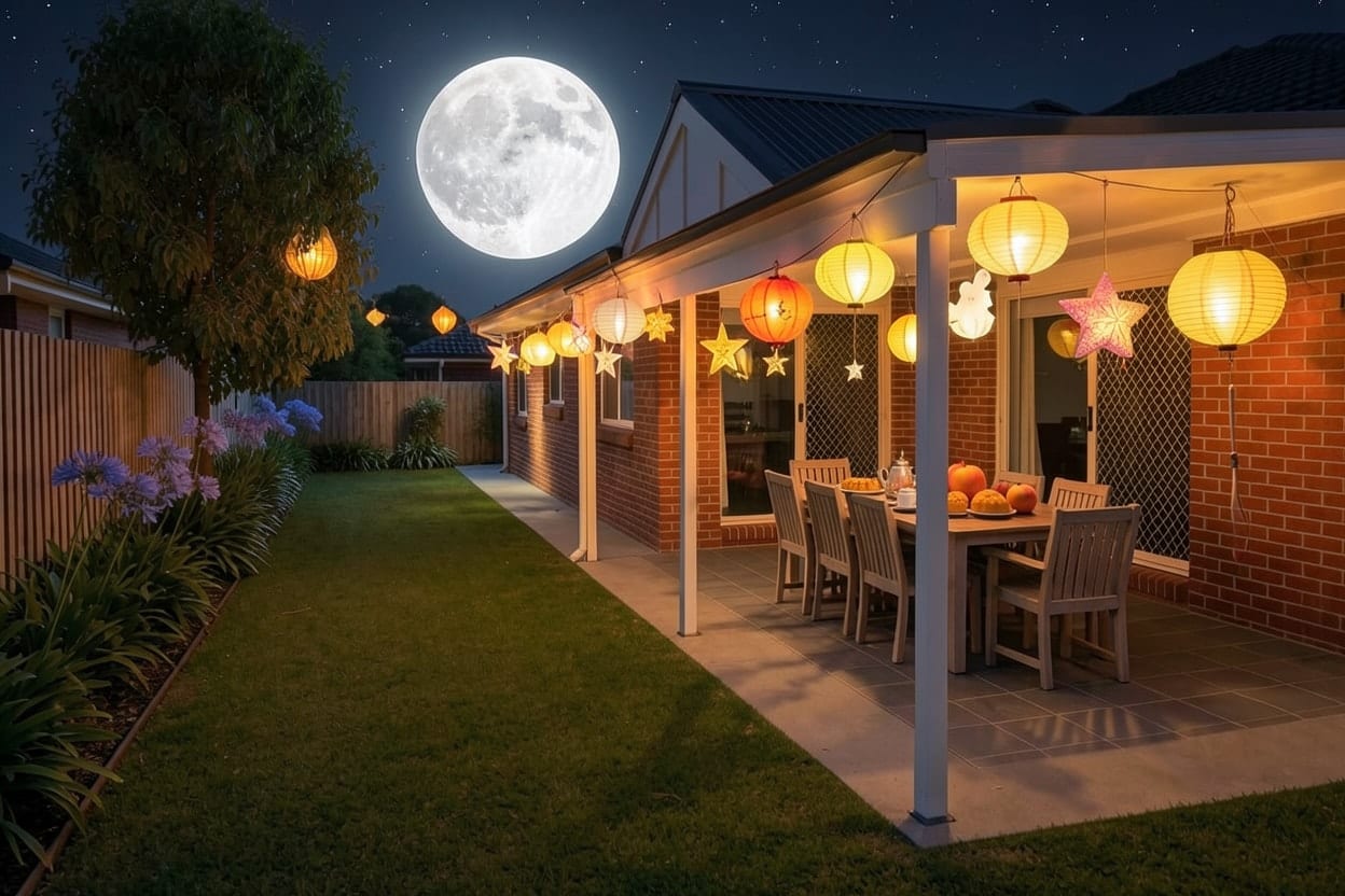 The lawn and covered patio of a family house, decorated outdoors for Mid-Autumn.