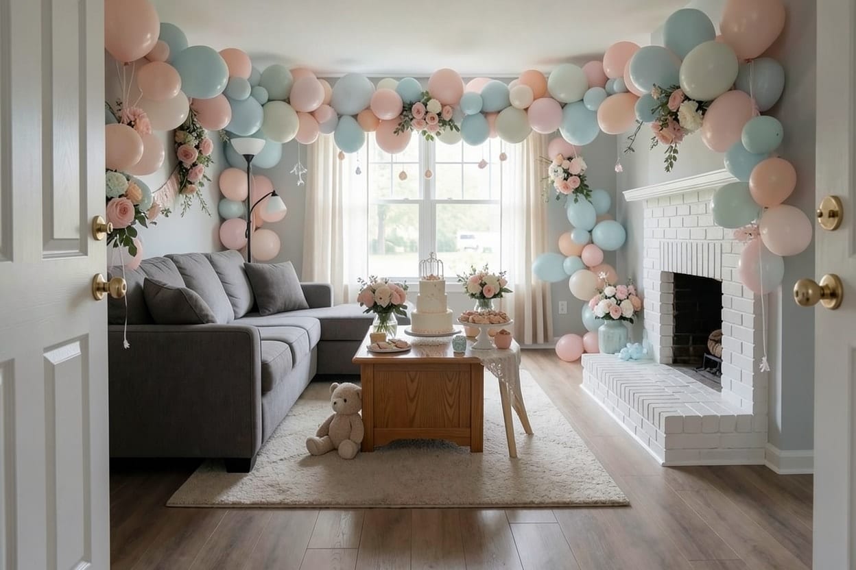 A suburban family living room with a white brick fireplace, decorated for a baby shower.