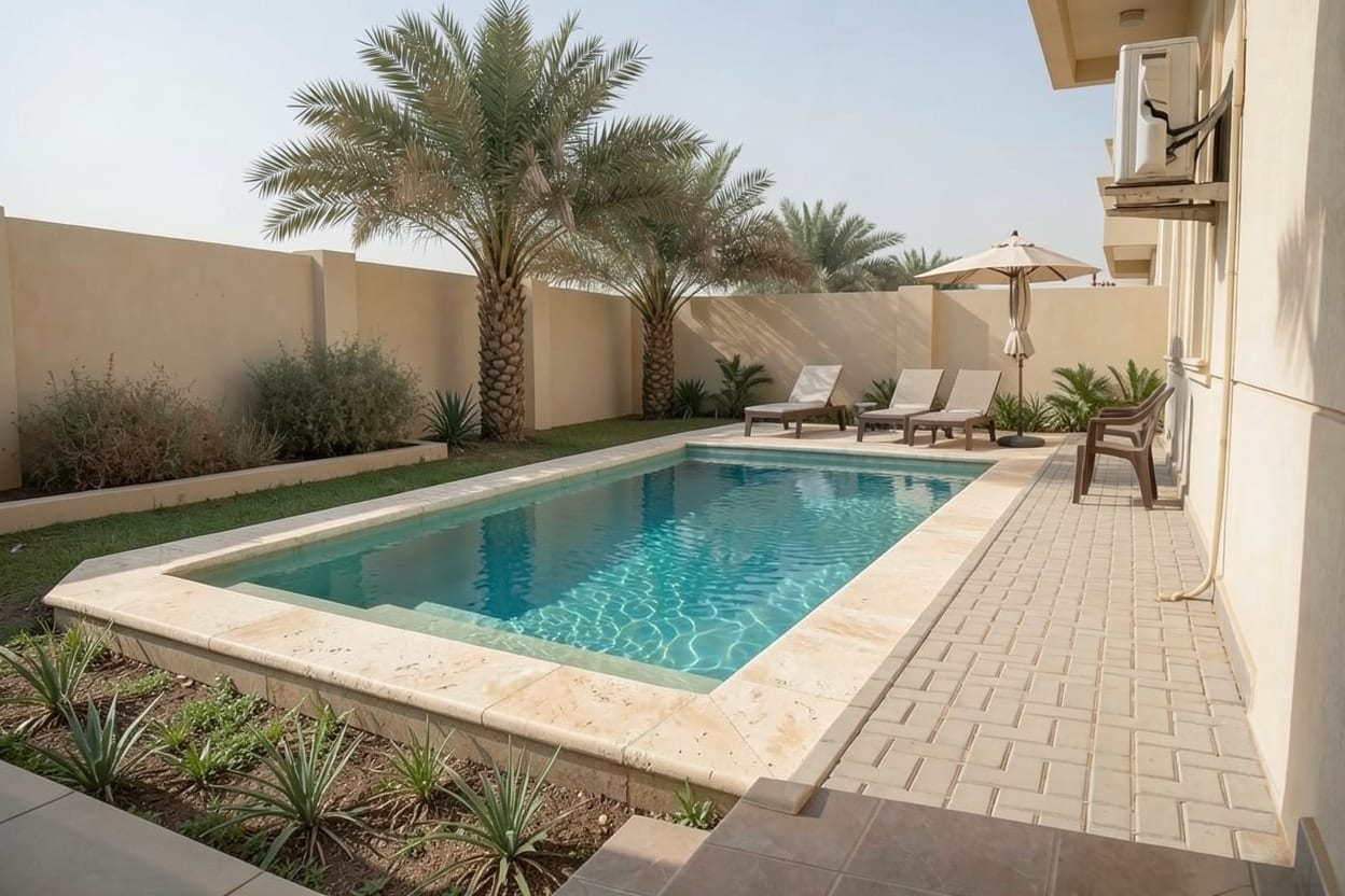 A sandy walled backyard of a Gulf villa, with a Sun shelf pool added.