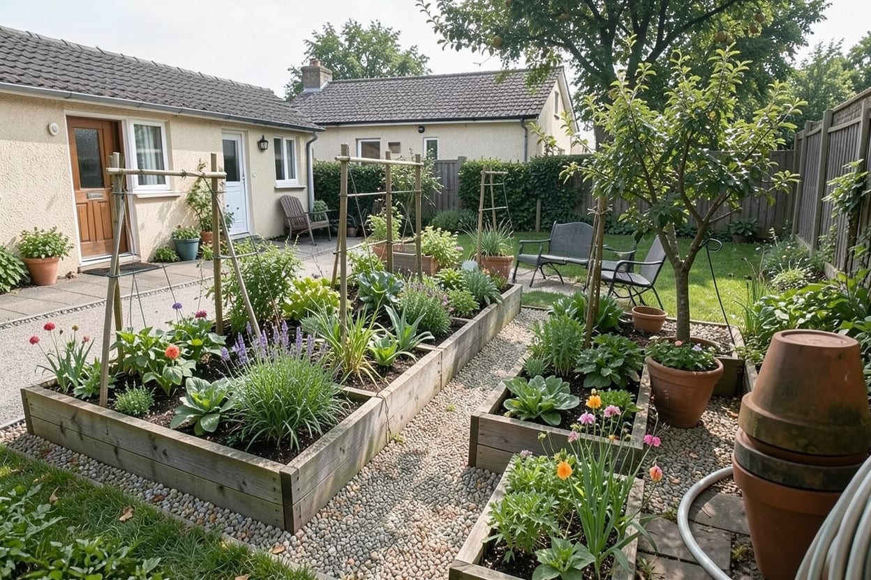 Dezelfde zonnige hoek als moestuin met houten verhoogde bakken vol groenten, paden ertussen, een kruidenbed en een compostplek bij de fruitboom