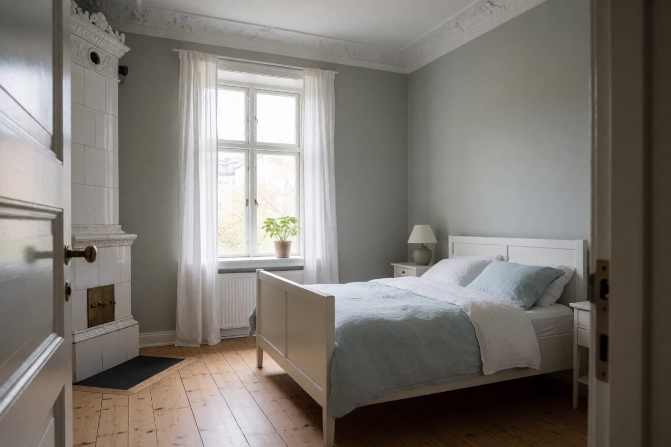 Ett sovrum i en sekelskiftesvåning med grågröna väggar, vit kakelugn i hörnet, breda furugolv och höga fönster