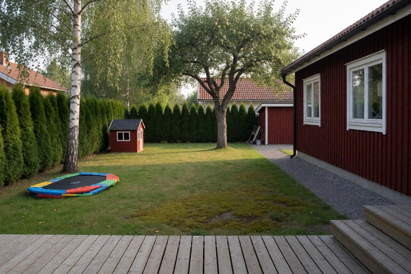 Baksidan av en röd villa från 70-talet med mossig gräsmatta, björk, gammalt äppelträd, tujahäck och en liten röd lekstuga