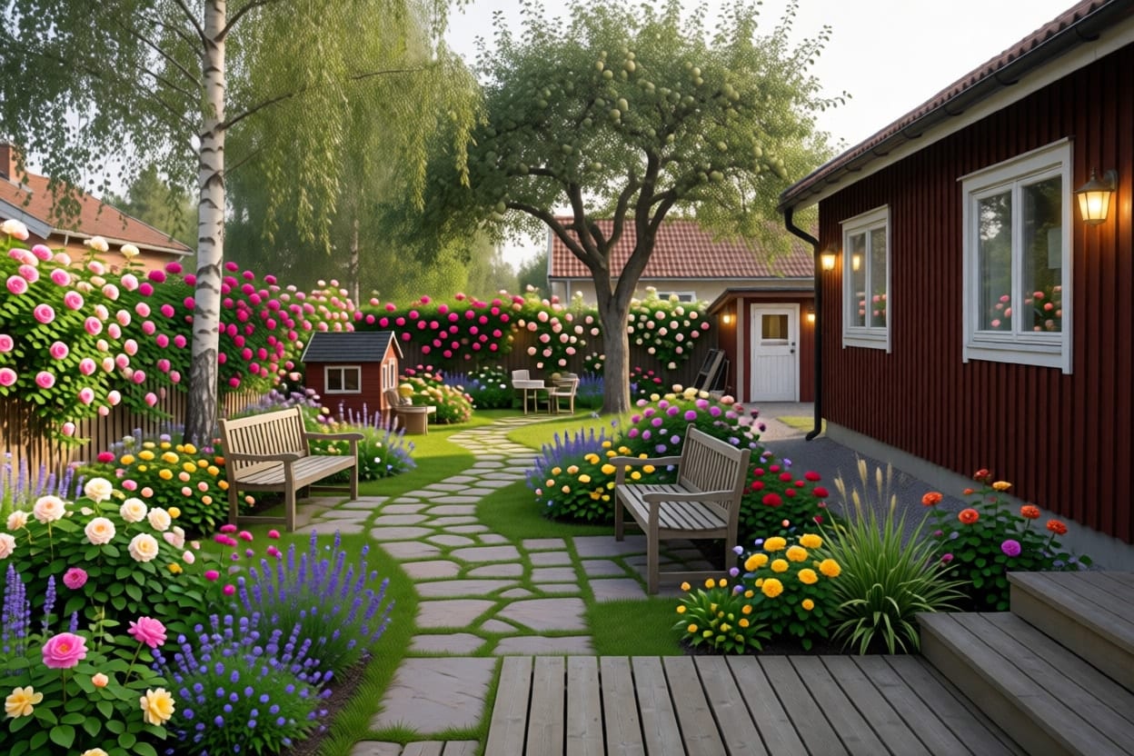 Trädgården bakom en falurödmålad villa från 70-talet, omgjord med djupa blomrabatter, en slingrande grusgång och äppelträdet kvar