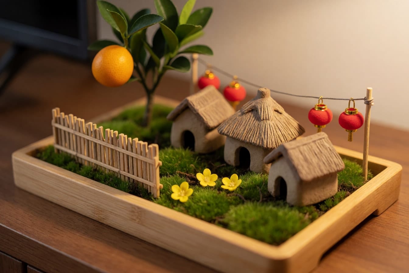 Khay gỗ phủ rêu trên kệ tivi với ba ngôi nhà đất mái rạ tí hon, hàng rào que tre, cây quất nhỏ, chuỗi đèn lồng đỏ cỡ đầu ngón tay và vài bông mai mini