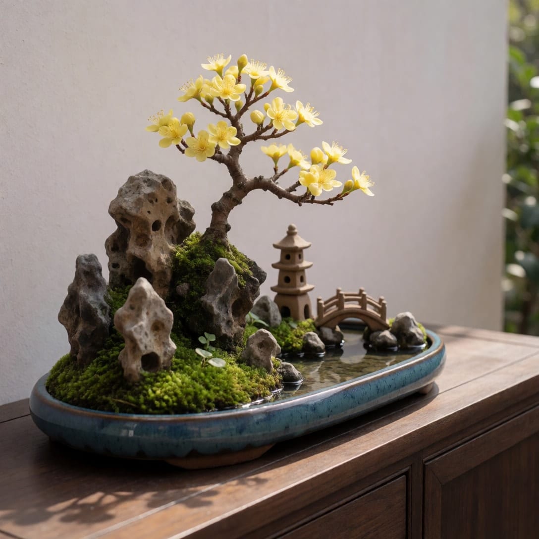 Khay non bộ men lam trên tủ gỗ sẫm với gốc mai bonsai nở hoa vàng, đá xám phủ rêu, chùa đất nung nhỏ và cầu cong bắc qua dòng nước