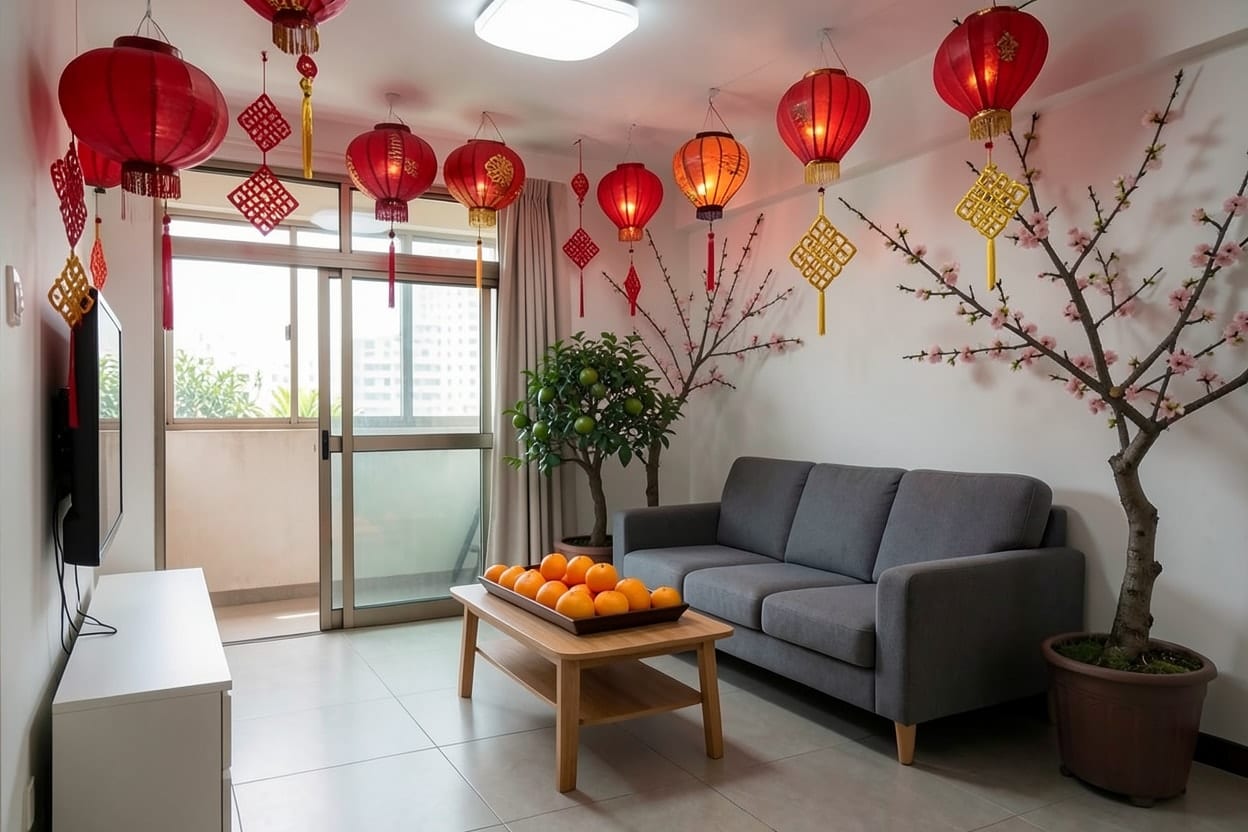 台灣公寓客廳換上春節佈置:灰色布沙發旁掛著紅燈籠,桌上擺著橘子和花枝,處處點綴紅色與金色