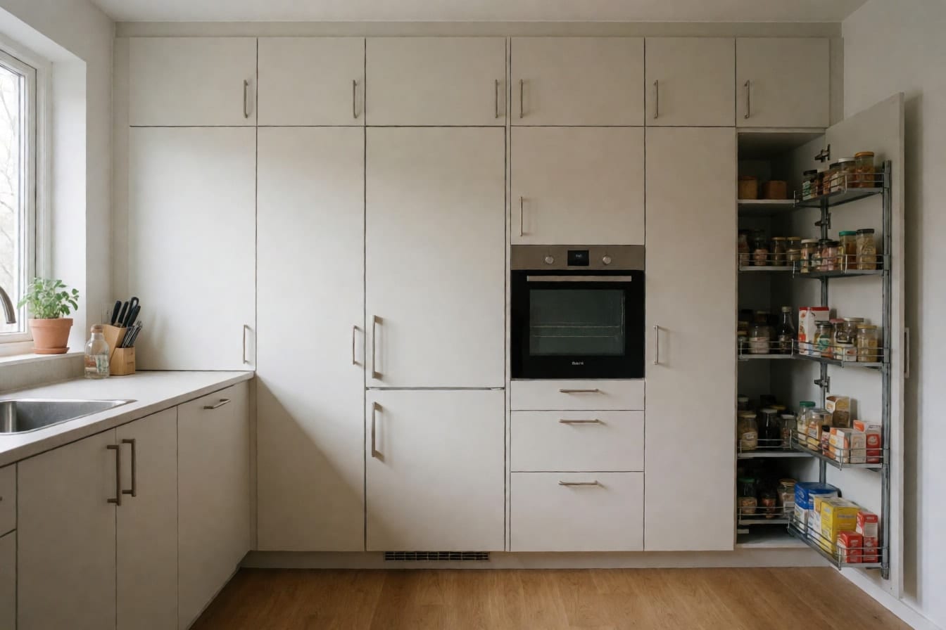 Dingding ng matataas na off-white na cabinet na may built-in na ref at oven, at isang bukas na pantry na may mga garapon
