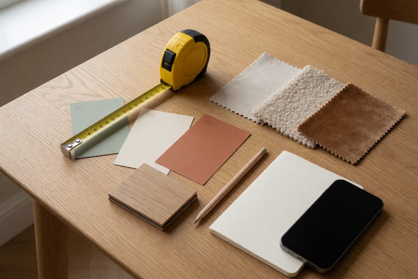 Cinta métrica, cartas de color de pintura, muestras de tela y de tarima sobre una mesa de roble
