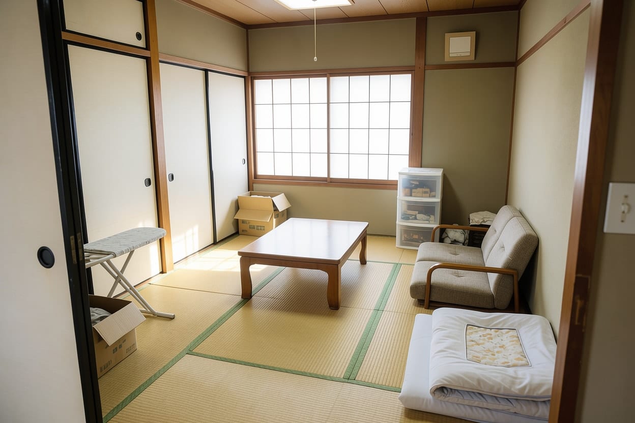 家具を壁ぎわに寄せ、畳の中央が広く空いた和室