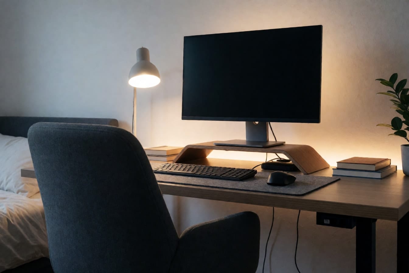 Bredt skrivebord med skærm på træhæver, tastatur på filtmåtte, skrivebordslampe, varmt lys bag skærmen og grå kontorstol