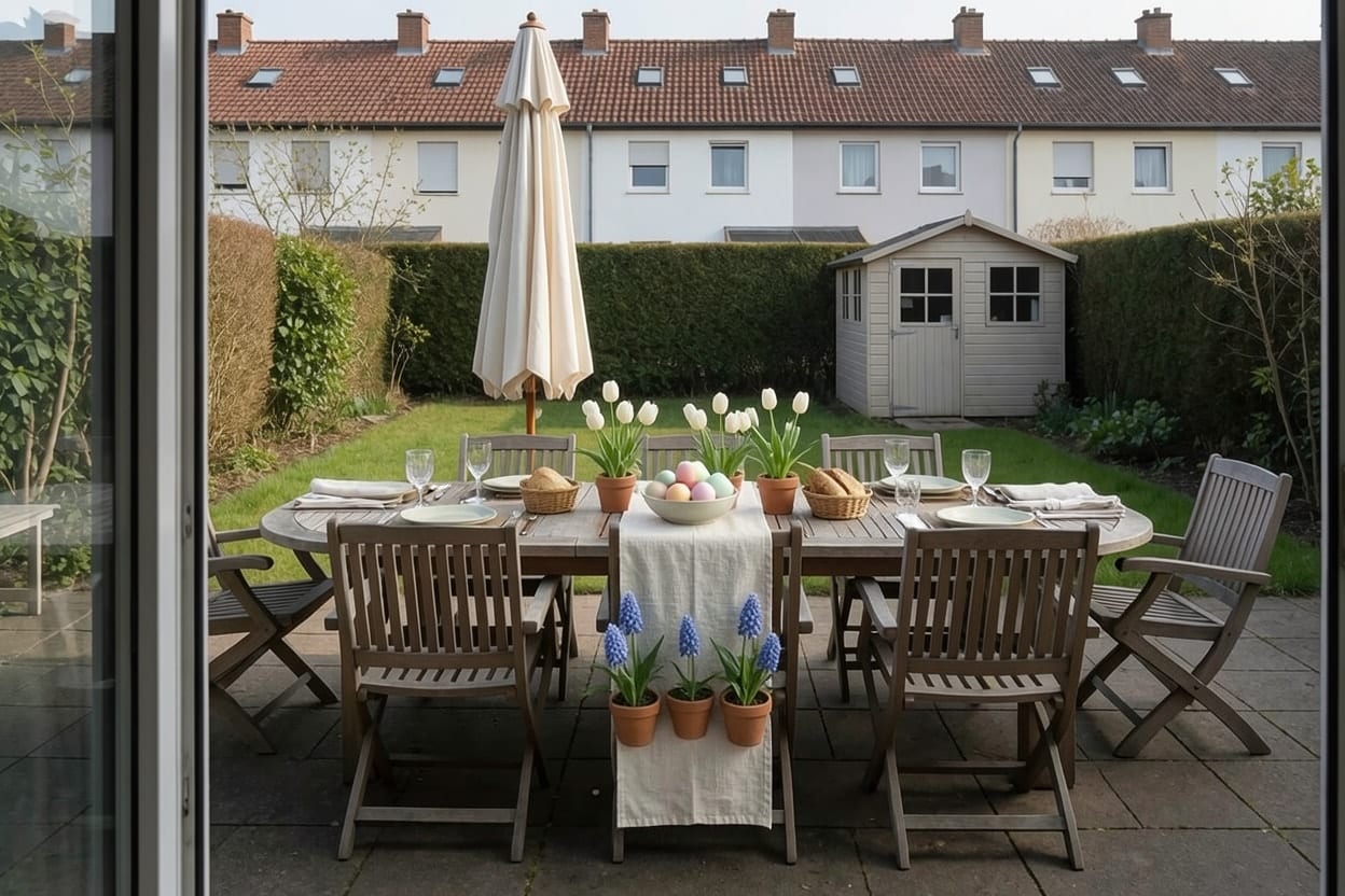 Dieselbe Terrasse mit gedecktem Gartentisch, hellem Läufer, Tulpen in Terrakottatöpfen, Pastelleiern und Brotkorb
