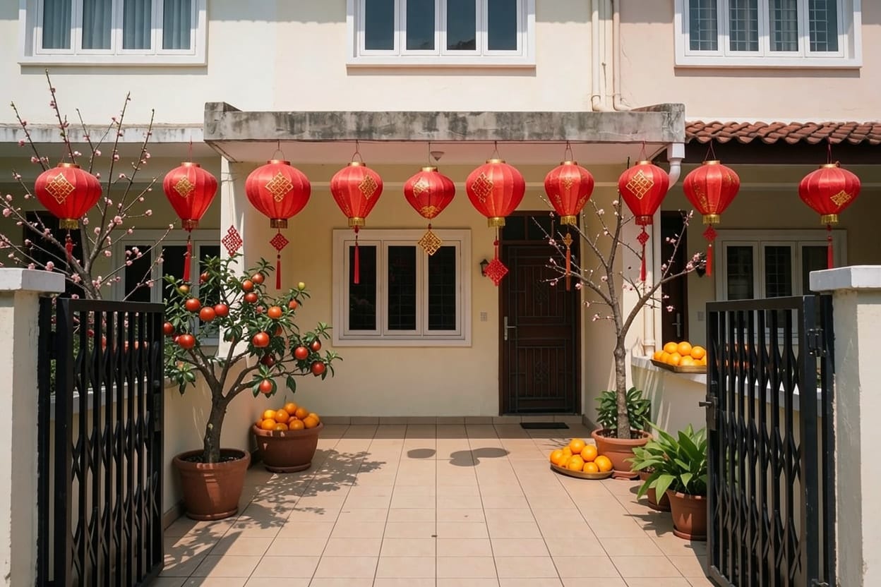 Carport dan pintu depan rumah deret dua lantai, dihias di luar ruangan untuk Imlek.