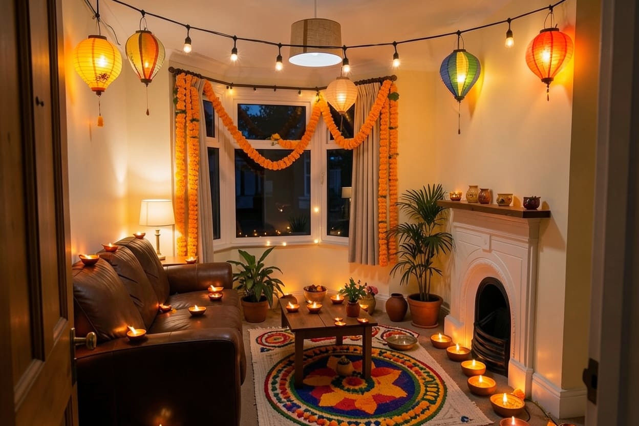 Ruang hadapan sebuah rumah teres dengan tingkap unjur dan pendiang, difoto pada waktu malam dan dihias untuk Deepavali.