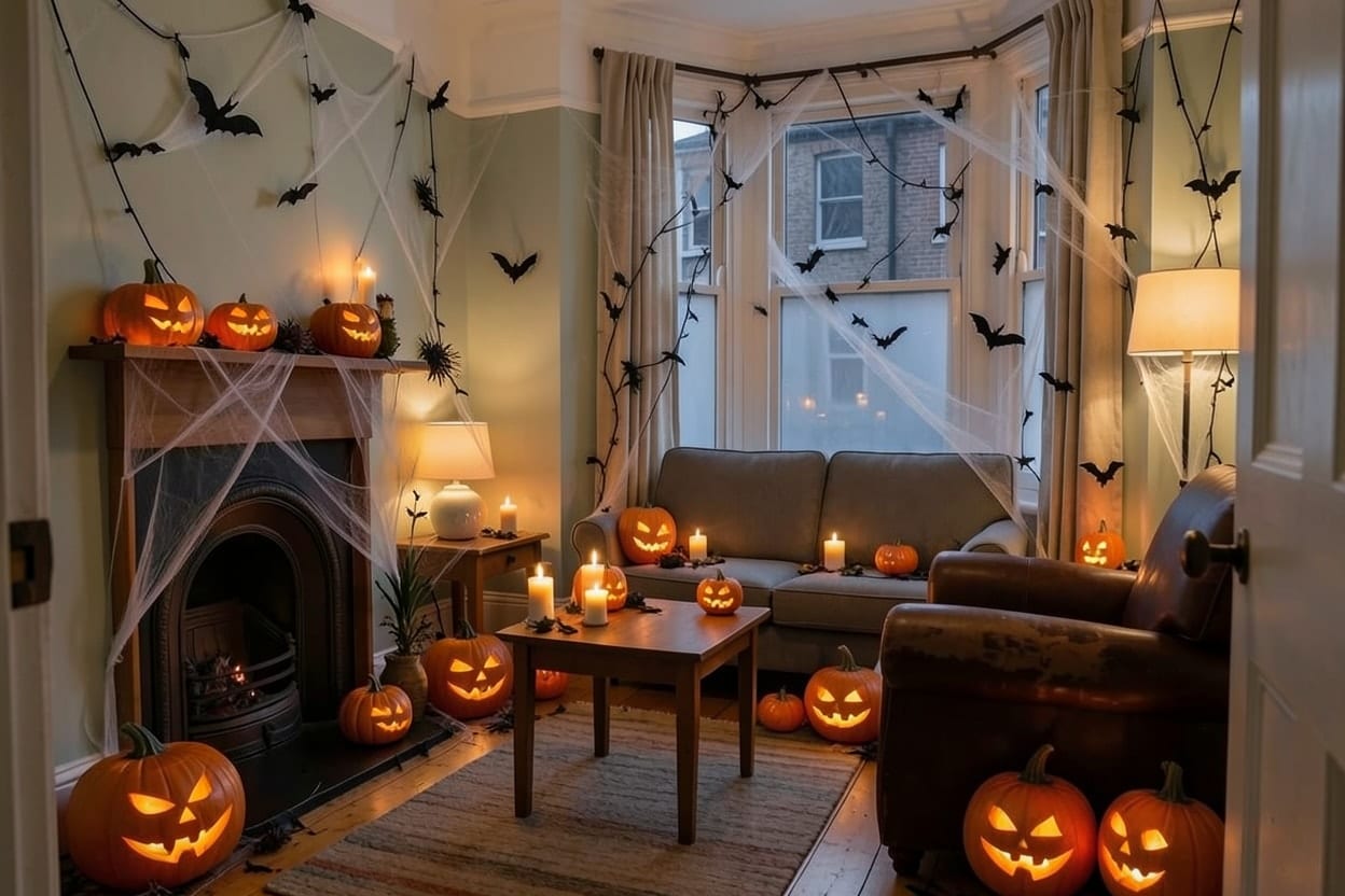 A small terraced-house living room with a fireplace, photographed in the evening and decorated for Halloween.