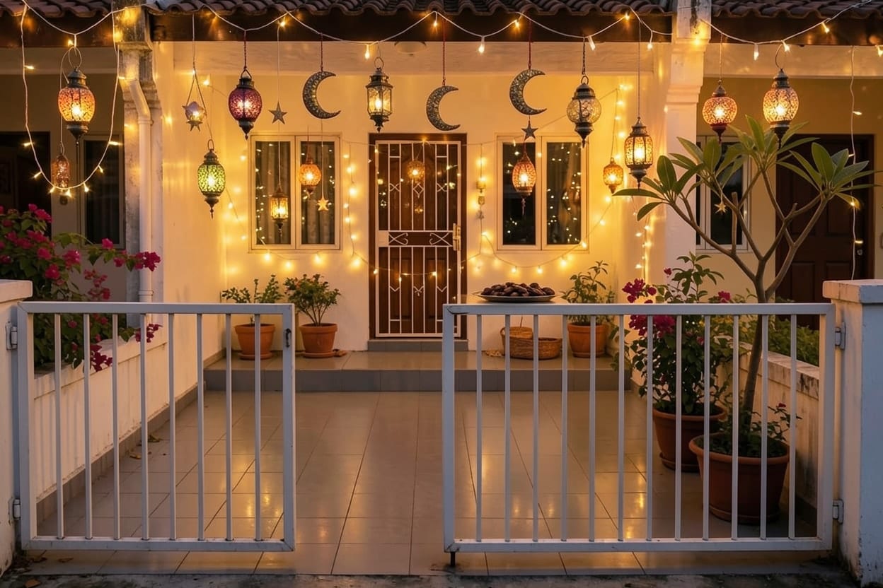 The covered front porch of a terraced house in Kuala Lumpur, decorated outdoors for Ramadan and Eid.