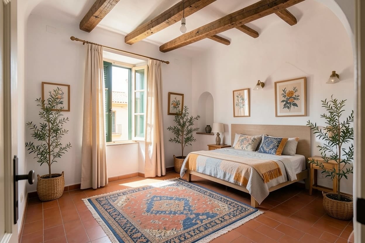 An empty bedroom with a terracotta tile floor and wooden shutters, furnished as a Bedroom in the Mediterranean style.