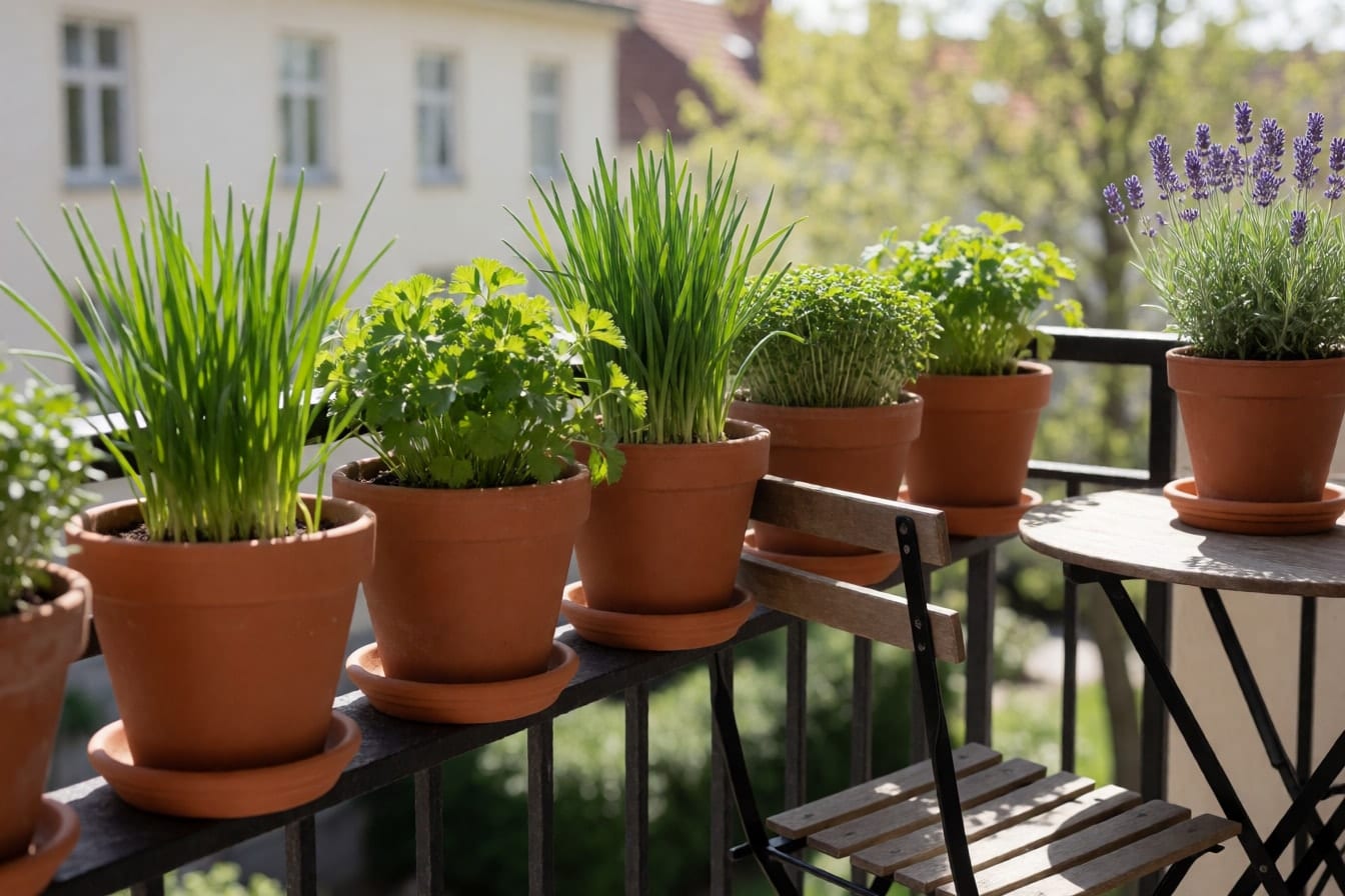 Terrakottatöpfe mit Schnittlauch, Petersilie und Kresse am Balkongeländer, daneben ein Bistrostuhl