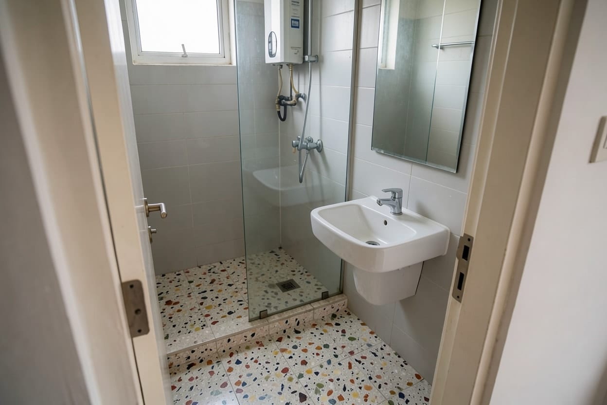 A small bathroom in a Mumbai apartment, its speckled floor tiles replaced with Terrazzo.