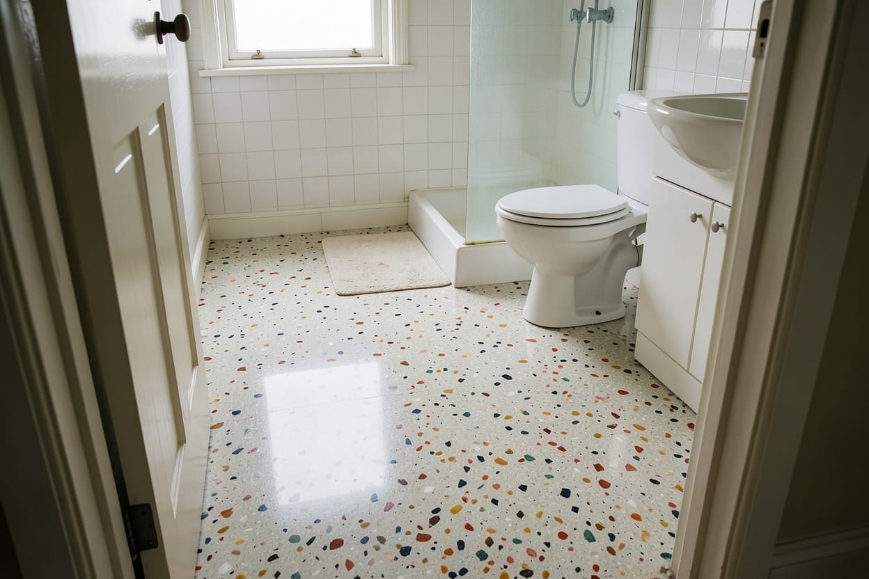 El mismo baño con suelo de terrazo claro de chinas de colores y el resto de la estancia sin cambios