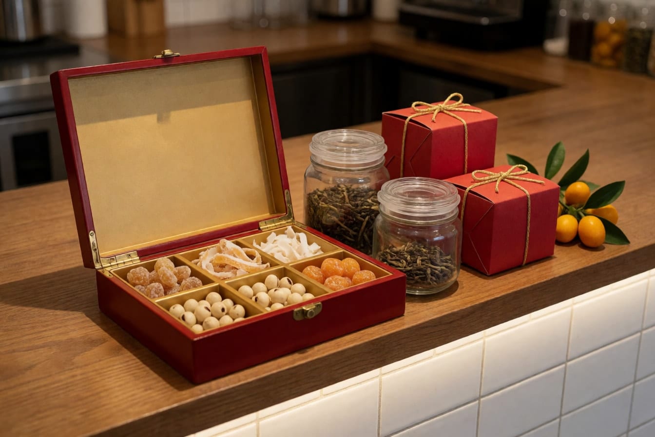 Kệ đầu quầy quán cà phê bày khay mứt sơn mài đỏ vàng với mứt gừng, mứt dừa, hạt sen, hũ trà thủy tinh và hộp quà đỏ buộc dây vàng