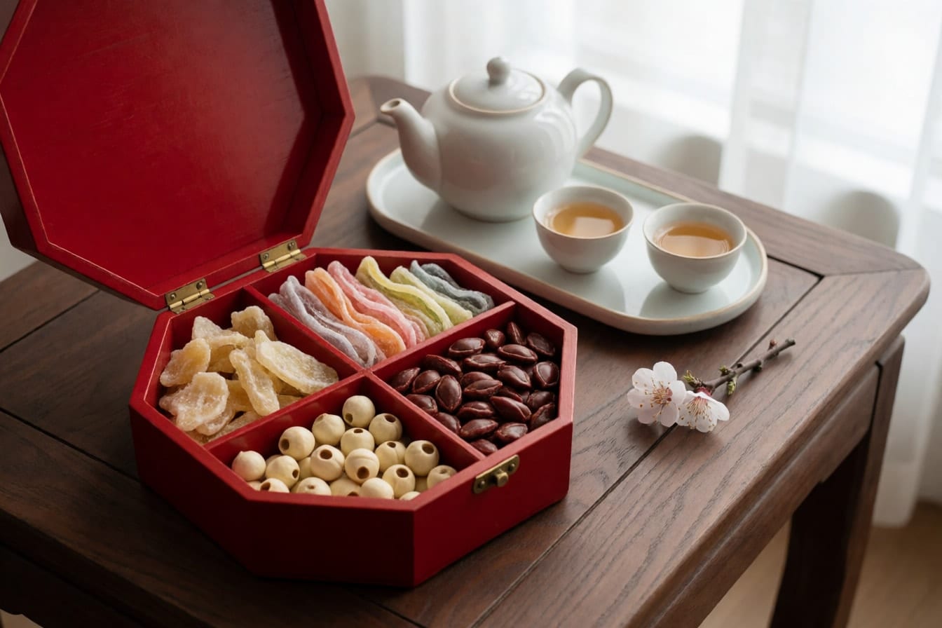 Khay mứt bát giác sơn mài đỏ đựng mứt gừng, mứt dừa, hạt sen và hạt dưa trên bàn gỗ, bên cạnh ấm trà sứ trắng và nhánh mai